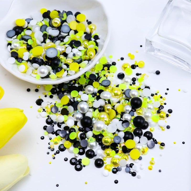 Briskbloom 60g Mix Pearls and Rhinestones for Crafts, 3620PCS 2mm-10mm Flatback for Nails Face Art Tumblers, Jelly and Half Pearls, Yellow|Black|White - Image 3